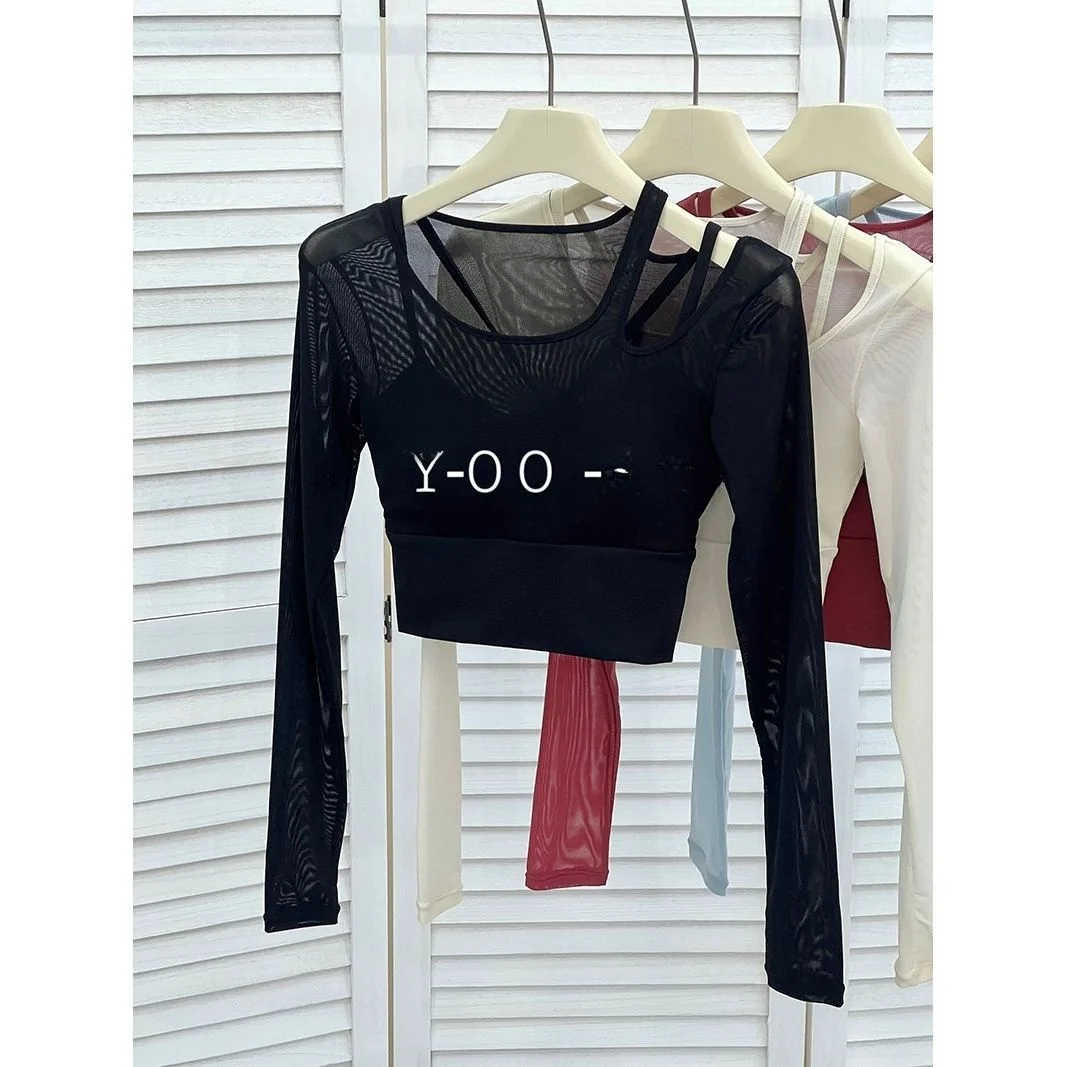 Women's Long Sleeve T-Shirt Fitness Sporty Style Mesh Splice Hollow out Design Sexy Fake Two-Piece Single Shoulder Short Top