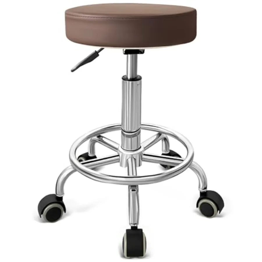 

PU Leather Rolling Stool with Foot Rest Round Height Adjustment Swivel Spa Drafting Salon Tattoo Work Office Massage Vanity Sto