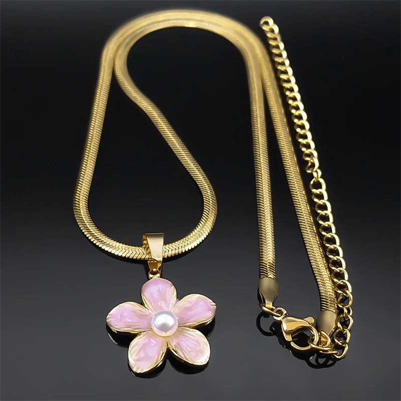 Korean Fashion Rosa Sakura Emaille Blume Perle Halskette Halsband für Frauen Edelstahl Gold Farbe Halsketten Schmuck NZZZ407S04 – Detail 10