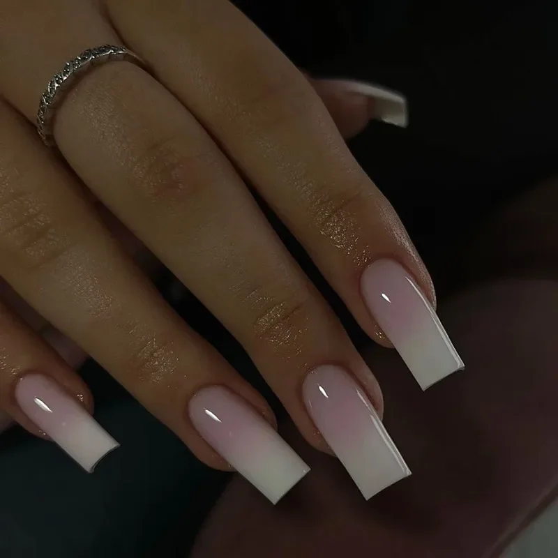 

24pcs French Medium Length Pink White Gradient Square Press on Acyrlic Nails for Gluing Acrylic Fake Nails Set Finger Nail Art