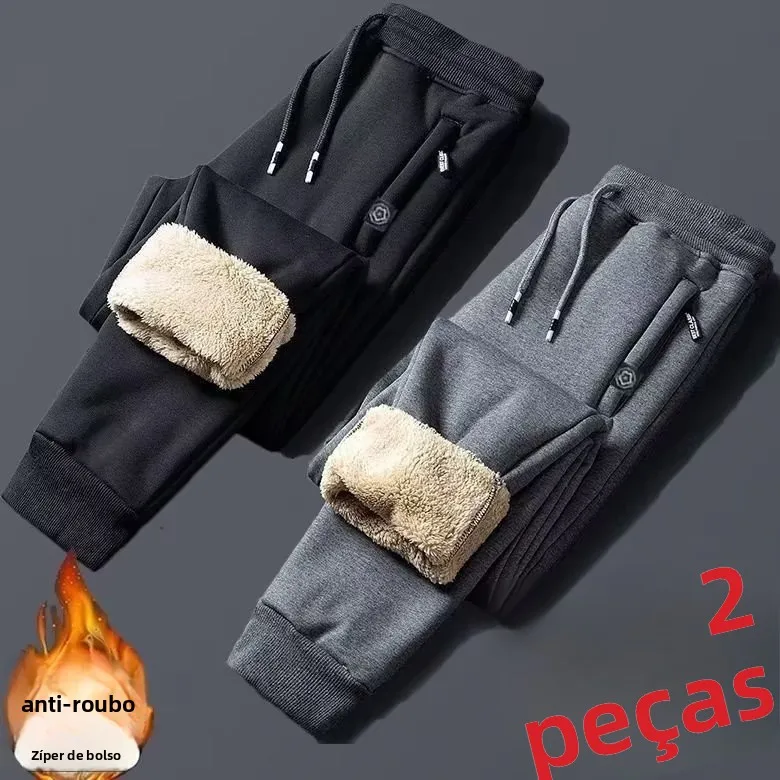 Calças Casuais Femininas Forradas com Fleece, Calças Harlan de Cintura Alta, Estilo Coreano com Bolsos, Calças Largas e Quentes
