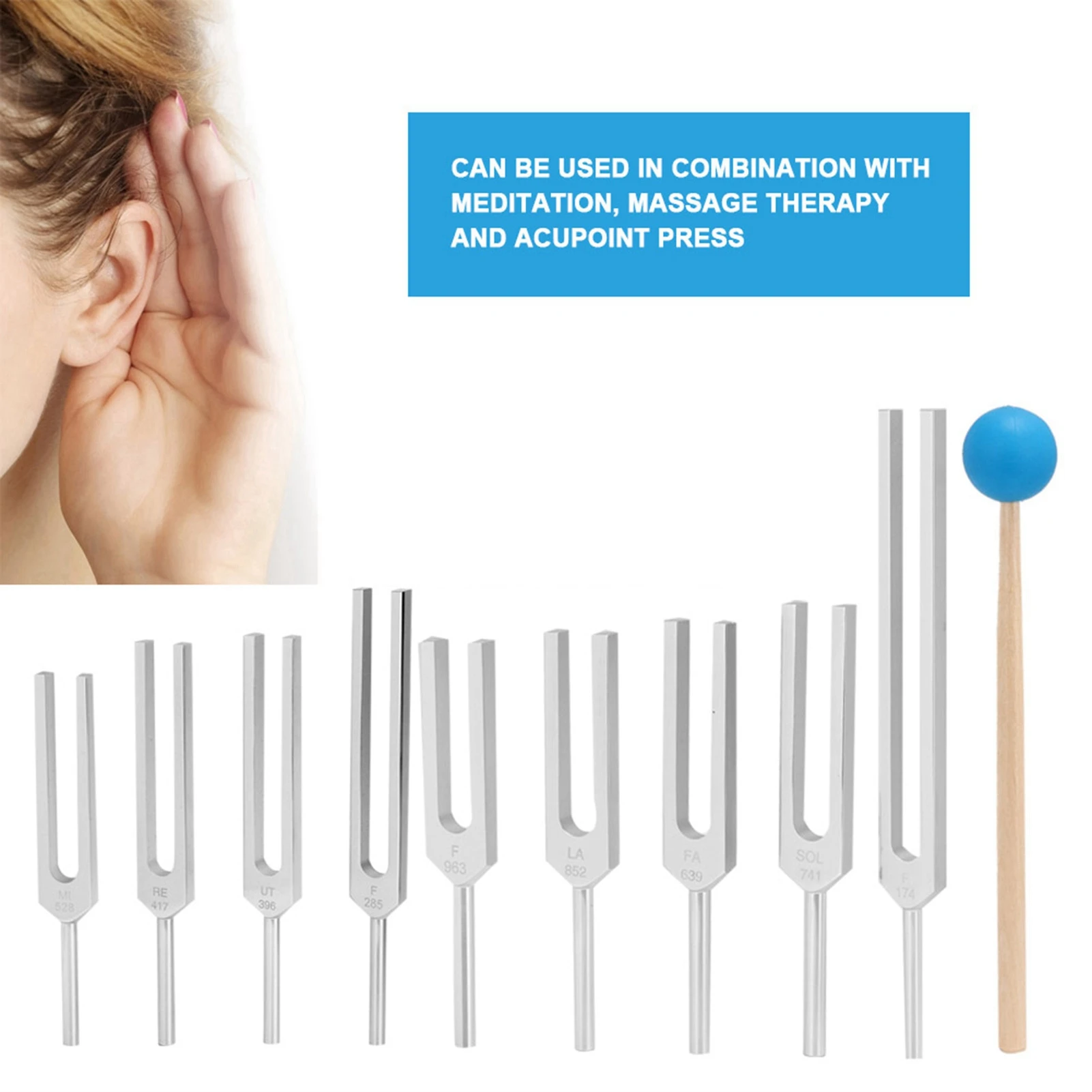 9-teiliges Stimmgabel-Set 174/ 285/ 396/ 417/ 528/ 639/ 741/ 852/ 963 Hz Professionelles Sound-Heilungswerkzeug-Set