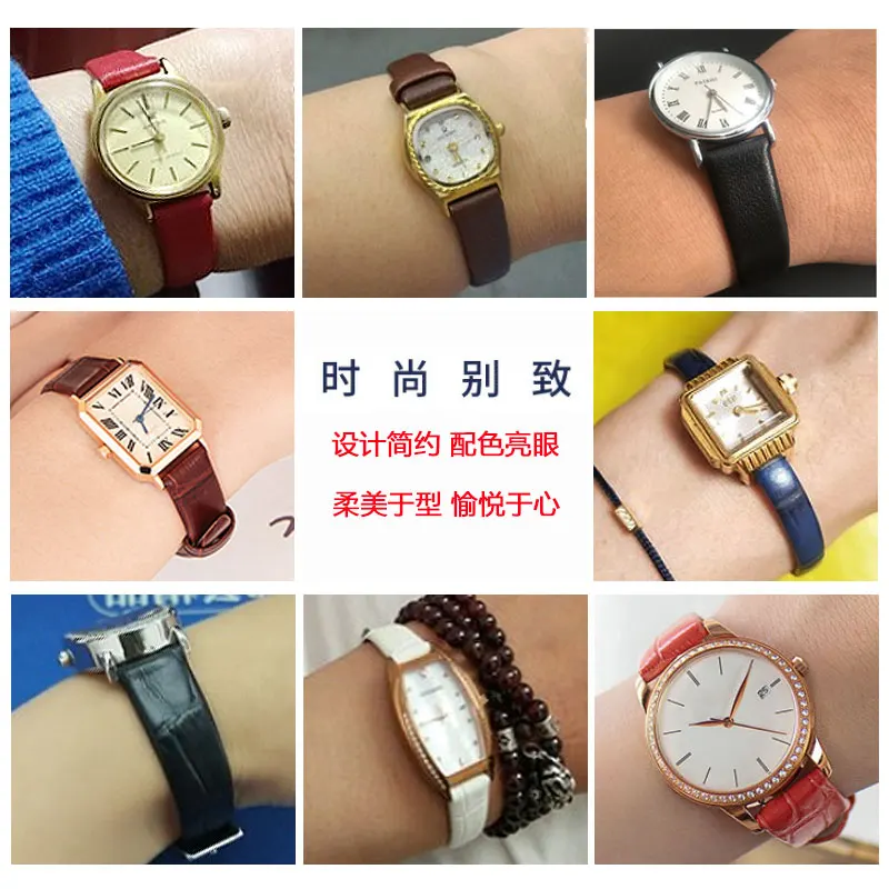 For any brand Fashion leather watchband women\'s mini Slim small size band 6mm 8mm 10 12 14 16mm black brown red white blue strap