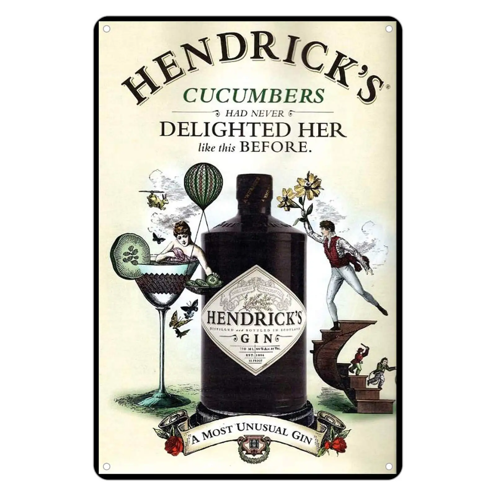 KENSILO Retro Tin Sign Hendricks Gin Never Delighted Her Like This Before Vintage Metal Advertising Wall Plaque Decor Art 8 x 12