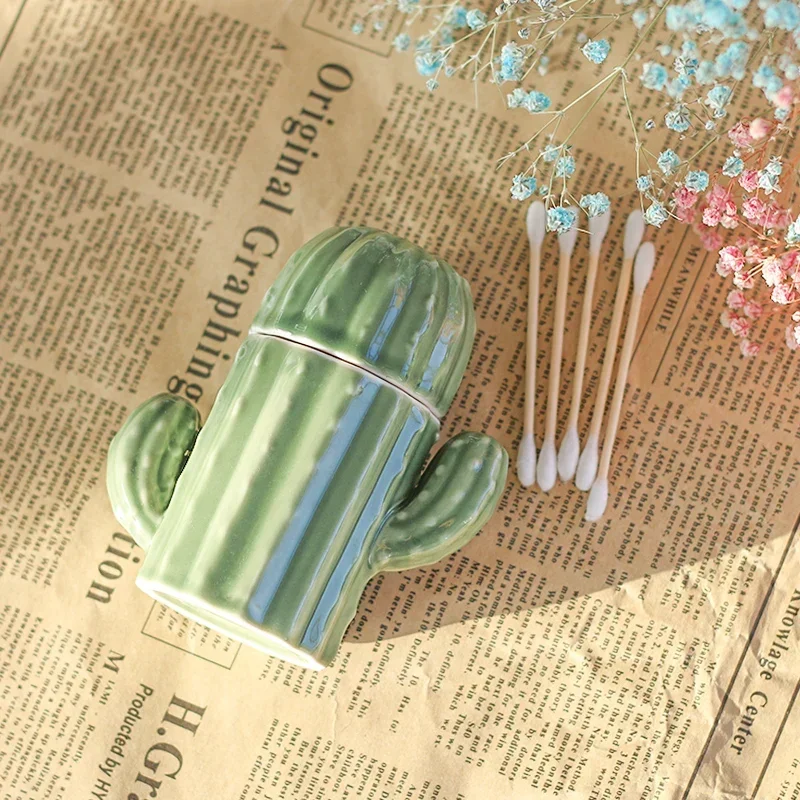 Green Cactus Storage Tank Decorative Ceramic Jar Candy Jar Cotton Swab Box Toothpick Holder Seasoning Dish Decor Storage Bottle view 2