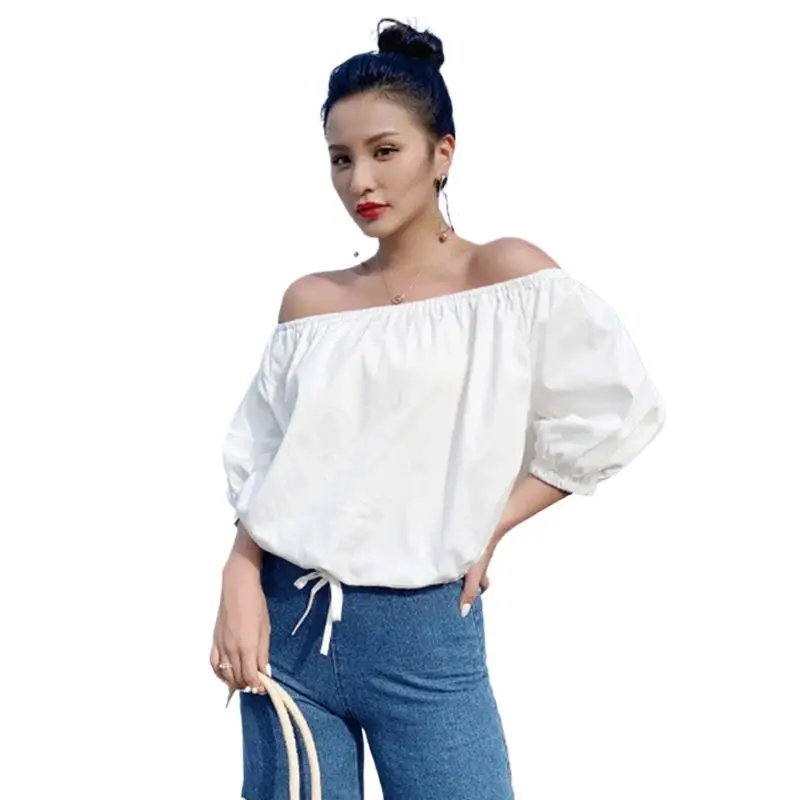 

Cotton Linen Summer Women Short Shirt Slash Neck Solid Fashion Shirt Ladies Lantern Sleeve Casual Tops Chic Clothes For Women