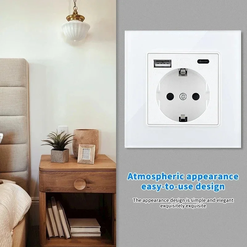 Melery EU Wall Power Socket USB TypeC White GS/PC Panel Electrical Germany Plug Outlet Mounted Square Schuko Home Office Kitchen