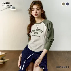 Maden Short Slim Long Sleeve T-Shirt for Women Contrast Color Round Neck Letter Top Baseball Printed Tee Innerwear