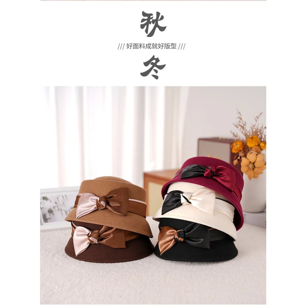 

Autumn Winter 100% Wool Hat Bell Hat Women's French Elegant Retro Hepburn Autumn and Winter Celebrity bow Wool Felt Bucket Hat