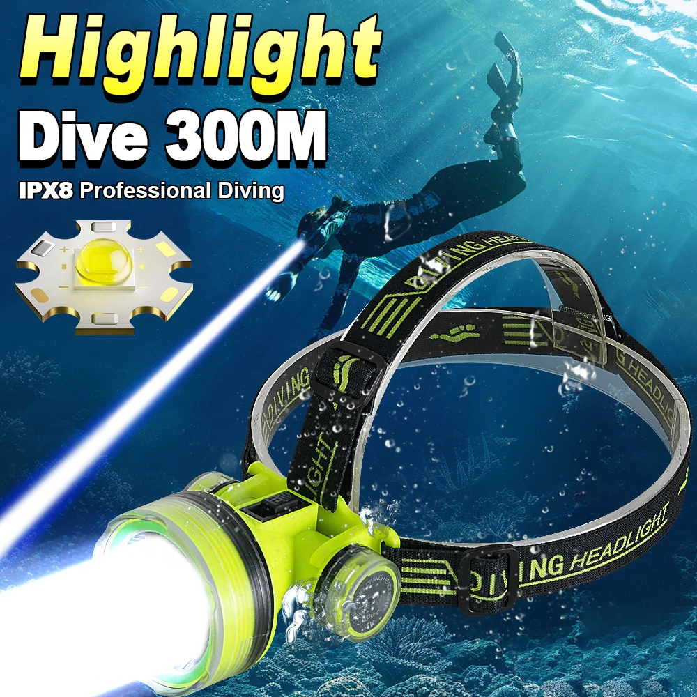 Newest Professional Diving Headlight Rechargeable Underwater Lantern IPX8 Waterproof Super Bright Diver Spearfishing Headlamp