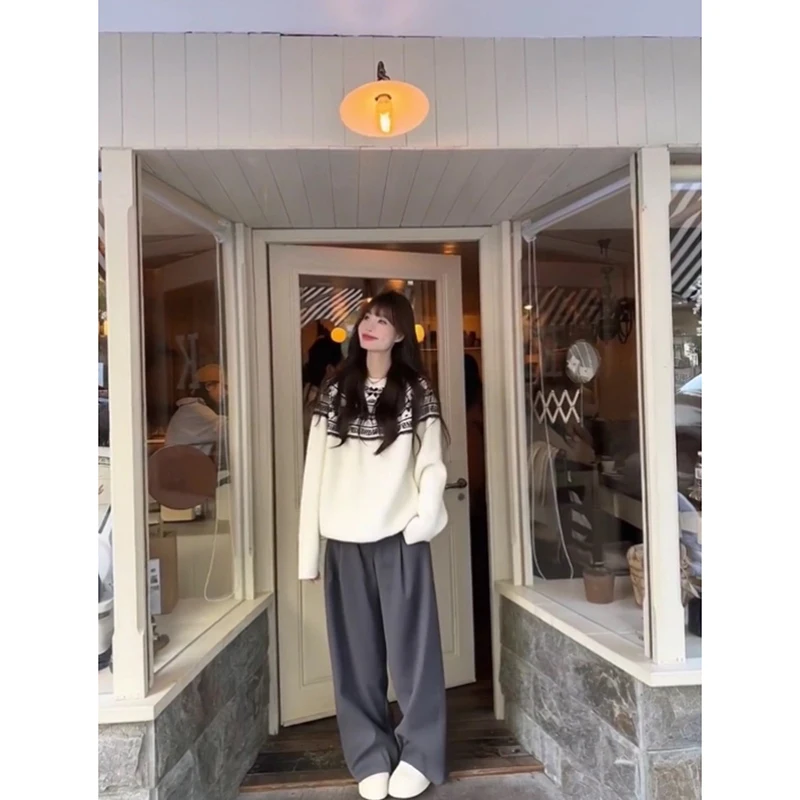 YIBASHU المرأة الأبيض منقوشة البلوز سترة Y2k خمر 2000s فحص البلوز متماسكة طويلة الأكمام س الرقبة سترة الخريف الشتاء #4