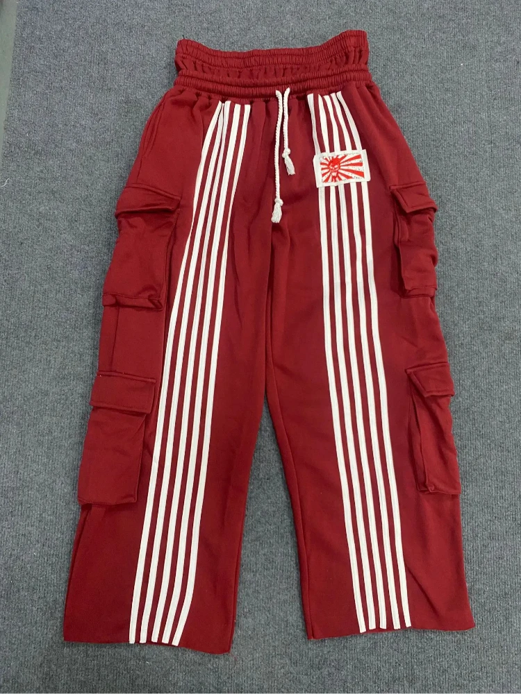 

Double waist striped pants, fake two-piece spliced straight leg pants, hip-hop style casual sports pants for men and women