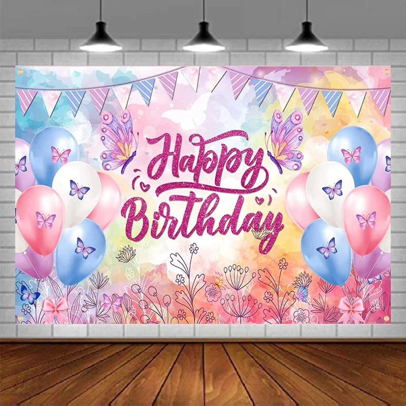 Happy Birthday Banner Decorations Pink Blue Banner Photography Backdrop For Kids Girls Women Butterfly Theme Party Background