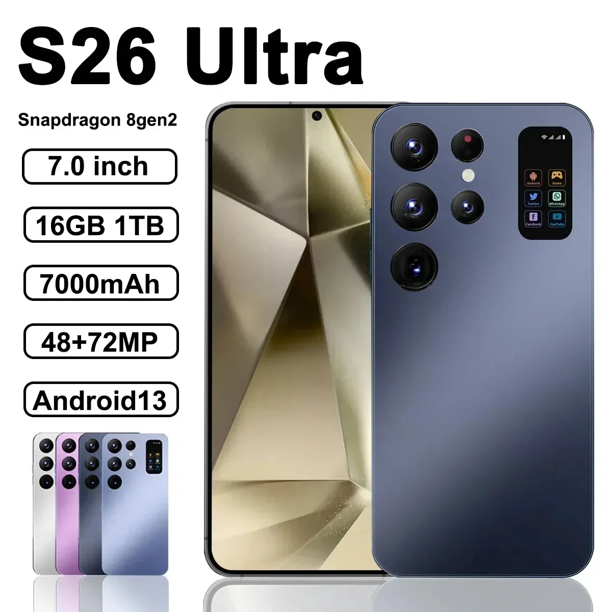 

Original S26 Ultra Smartphone Qualcomm8 Gen2 16GB+1TB 7000mAh 48+72MP Dual SIM Dual Standby 5G Android14 Globalversion NFC Phone