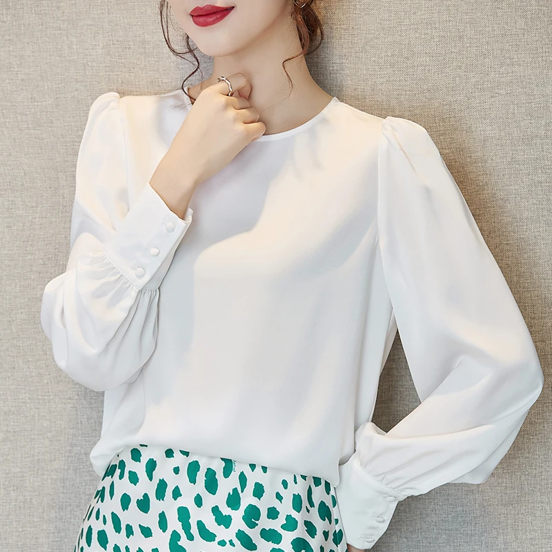 New Spring Women O-neck long sleeve ice silk Shirt White elegant Acetate satin Solid Blouse plus size Women Tops blusas mujer