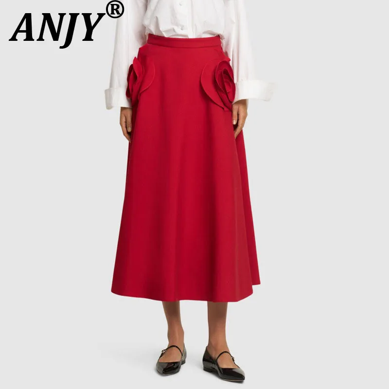 

ANJY Новая летняя женская элегантная юбка в французском стиле с объемными цветами, приталенная, А-силуэт, модная повседневная юбка A21883