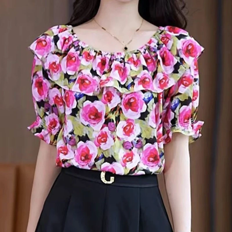 Temperament Chiffon Loose Blouse Summer New Off Shoulder Print Short Sleeve Pleated Shirt Tops Fashion Elegant Women Clothing