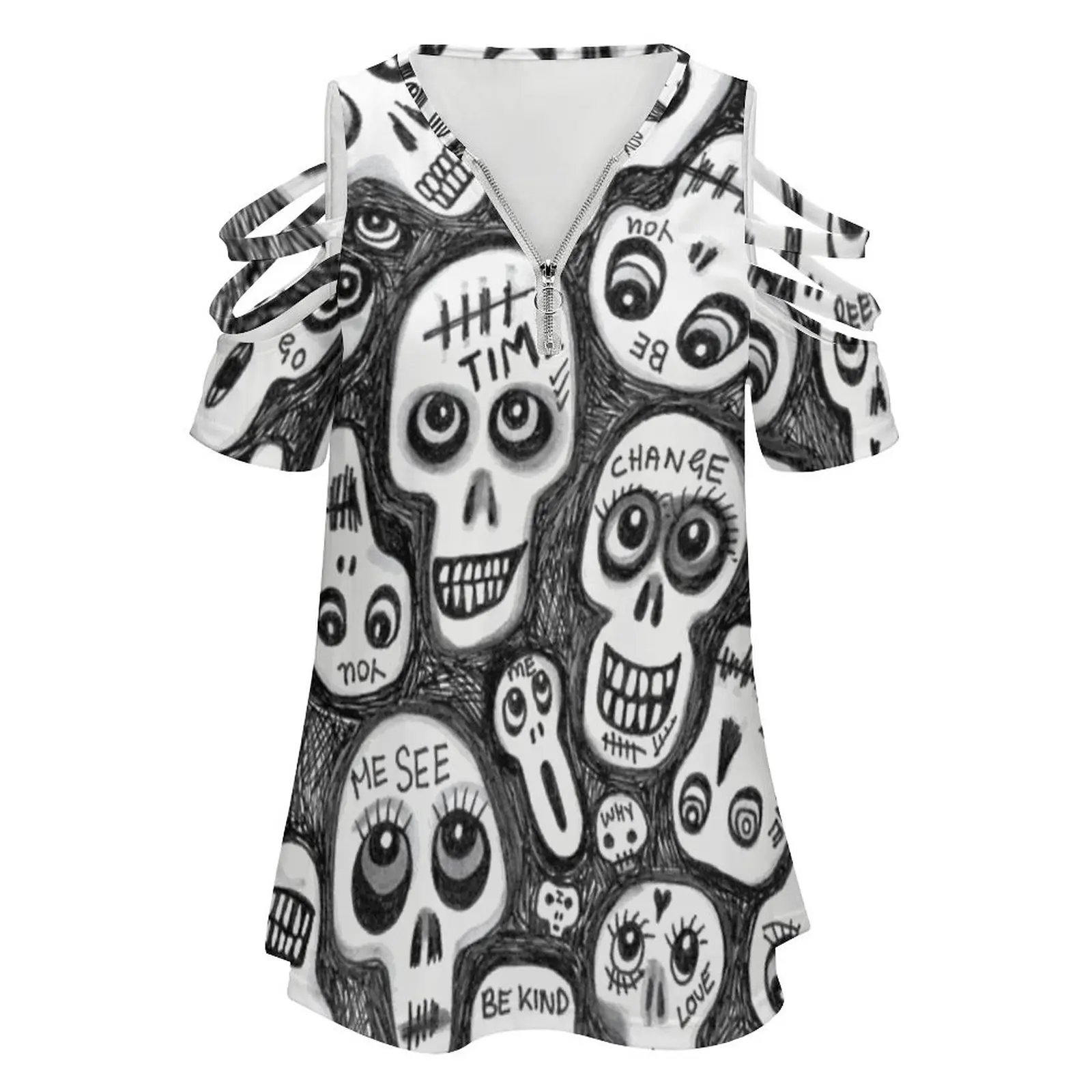 The Skull People Women Zipper Sexy Printed Vintage T Shirts Tops Full Print T-Shirt Halloween Skulls Day Of The Dead Skull