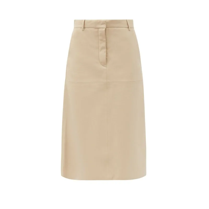 

Women's Pure Classic Style Below Knee Beige Skirt Genuine Lambskin Leather Skirt