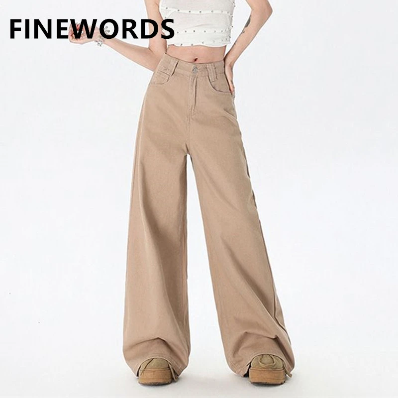 

FINEWORDS Vintage High Waist Wide Leg Jeans Women Easymatch Streetwear Korean Jeans Harajuku Loose Full Length Brown Jeans