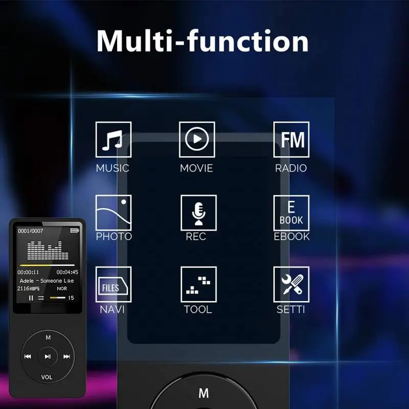 MP4 FM card insertion Bluetooth player USB Charging Record Digital Display Screen Walkman Support FM Radio E-Book Recording
