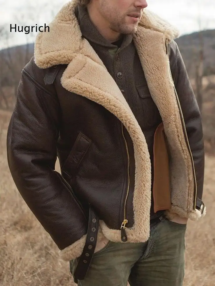 Men B3 Shearling Aviator Jacket Brown Faux Leather Sherpa Lined Lapel Collar Zip Up Winter Warm Pilot Bomber Coat