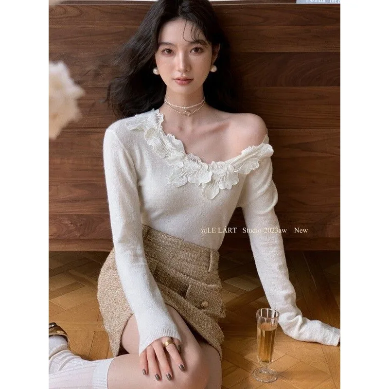 الفرنسية المتناقضة اللون الربط الدانتيل تي شيرت برقبة على شكل v المرأة شتاء جديد سليم صالح Ladylike محبوك القمم للنساء #2