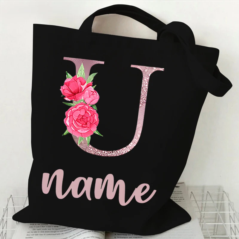 Personalized Floral Shoulder Bag Women Custom Name Handbag Vintage Flower Alphabet Teen Letter Bags Student DIY Name Tote Bags