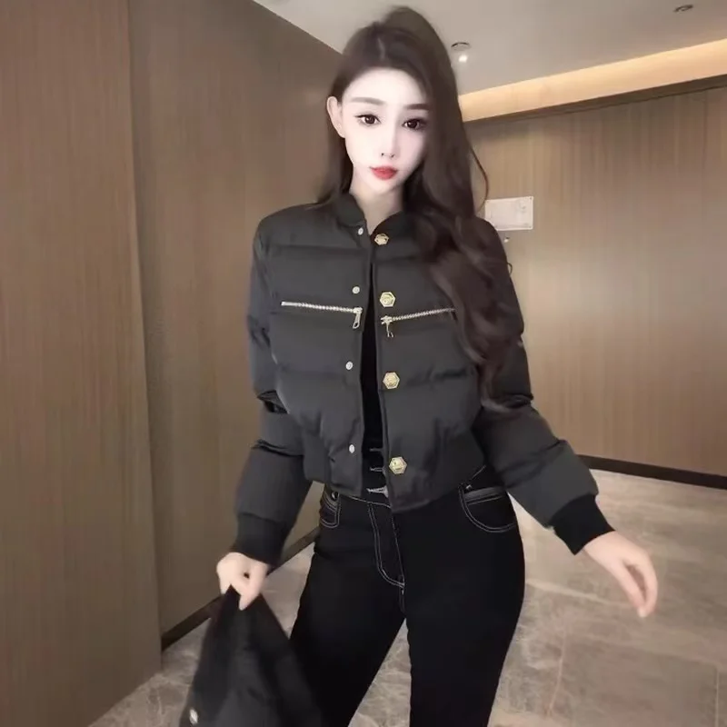 Fashionable Metal Buckle Zipper Splicing Stand Collar Long Sleeve Cotton Jacket Women's Winter New Style Slimming Polyester F...
