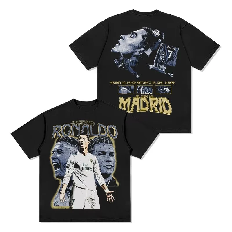 2026 New Y2K Streetwear Front Print Soccer Athlete Portrait Distressed Bold Large Letter Pattern High-Quality Loose T-Shirt