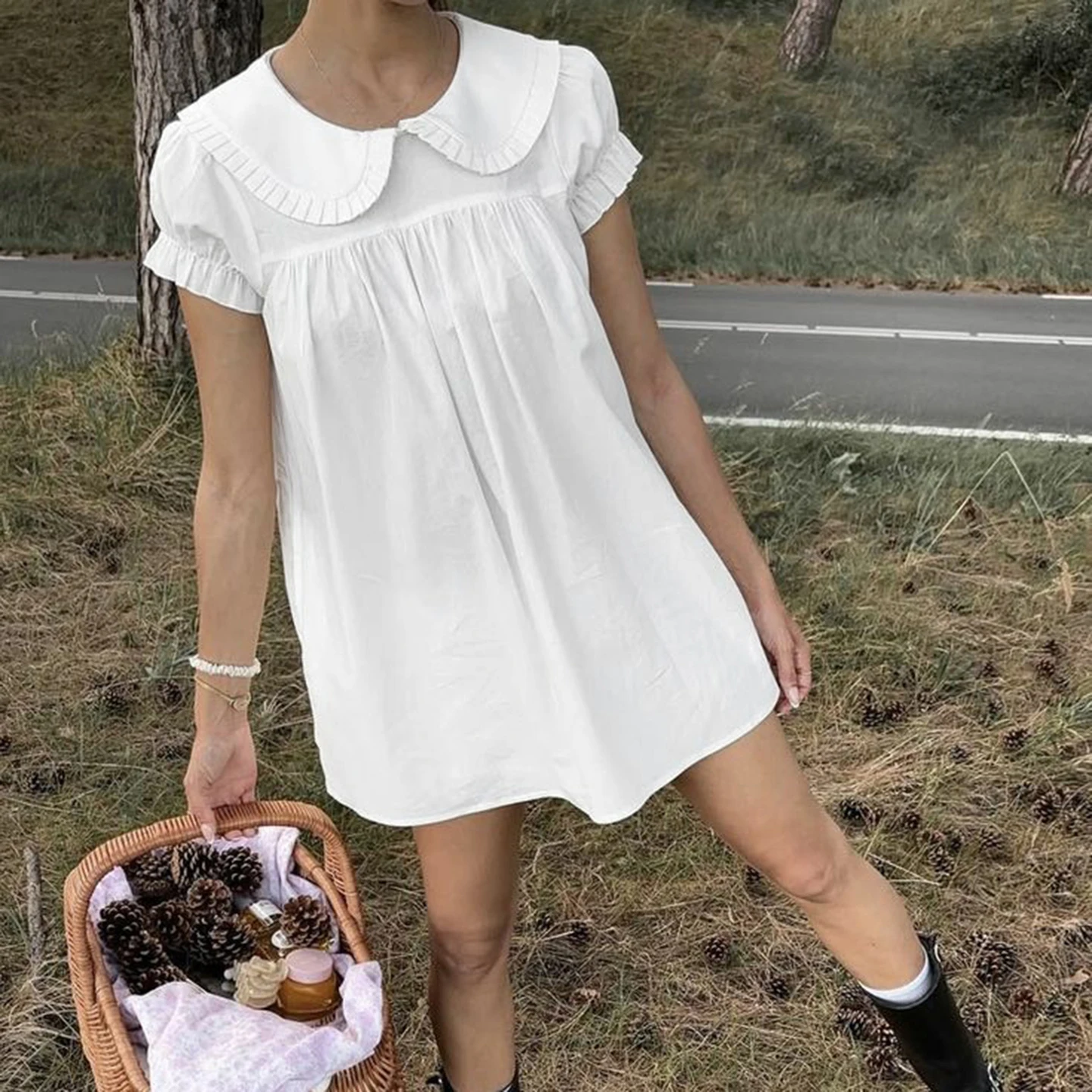 SUCHCUTE Women White Mini Dress Ruffle Peter Pan Collar Short Puff Sleeve Loose A Line Babydoll Dress Casual Summer Sundress y2k