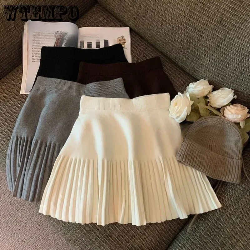 

Spring Pleated Skirt Women's Winter High-waisted A-line Skirt Knitted Skirt Preppy Style Women Clothing