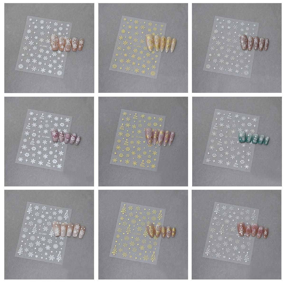 3/6/9 hojas de pegatinas 3D para decoración de uñas con copos de nieve, pegatinas láser plateadas y doradas para Navidad e invierno para mujeres, decoraciones para uñas DIY