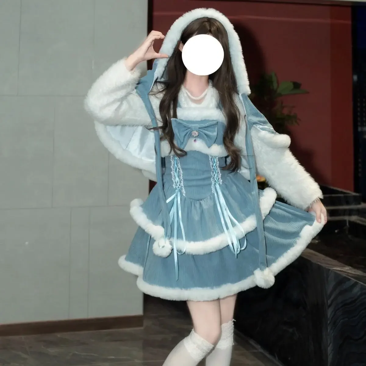 فستان لوليتا دوج قصير الخصر JSK لعيد الميلاد والعام الجديد مع عباءة شال للنساء ملابس أنيقة على الطراز القوطي