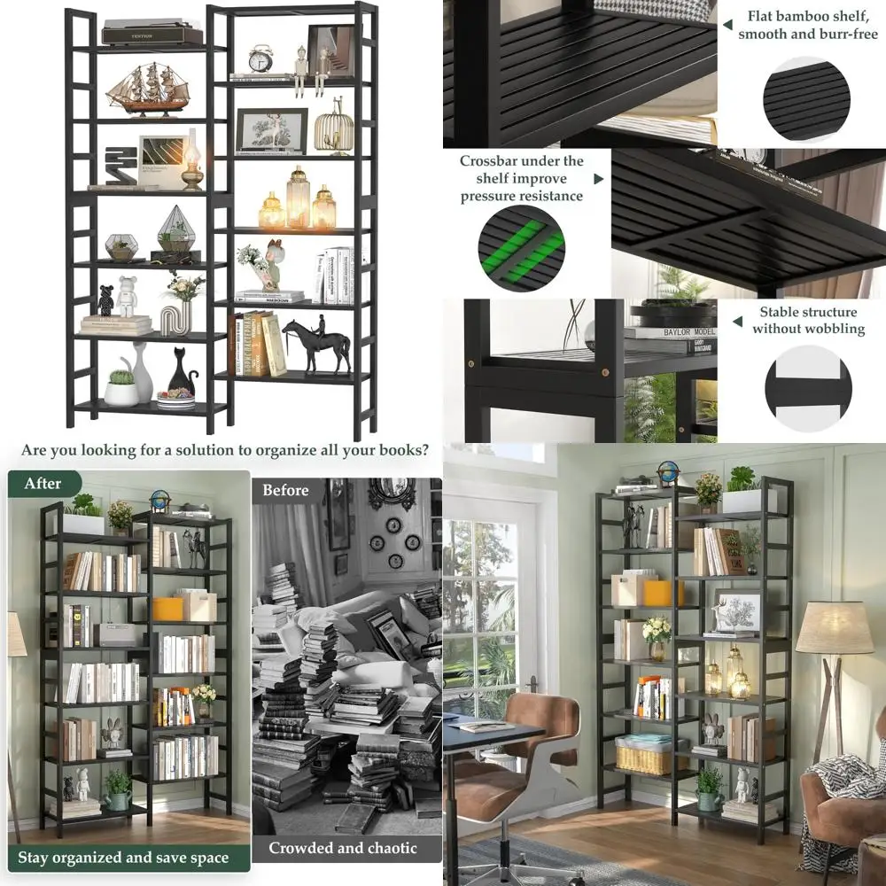 

6-Tier Bamboo Bookshelf, 6ft Tall, Large Open Bookcase with 12 Display Shelves in Black