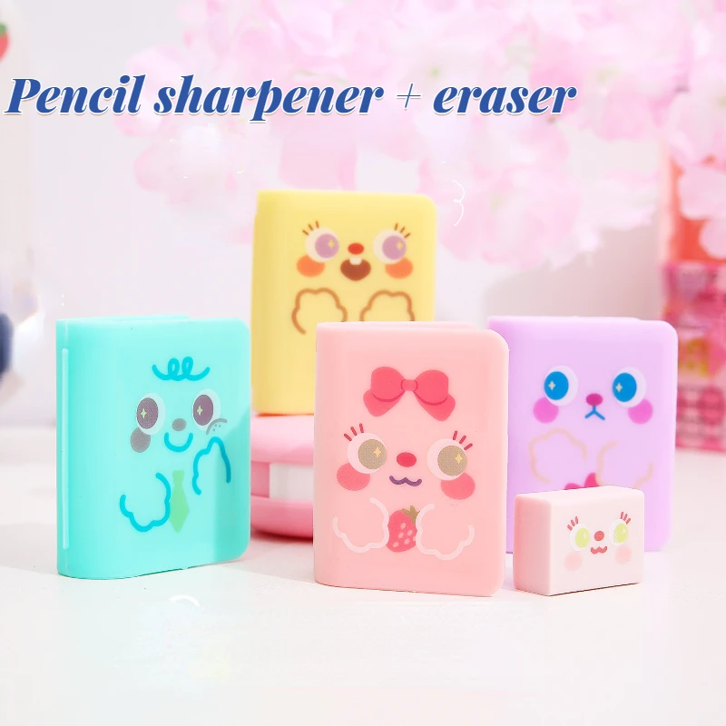 

2 pcs cartoon cute dual-use book pencil sharpener + eraser student study stationery school supplies