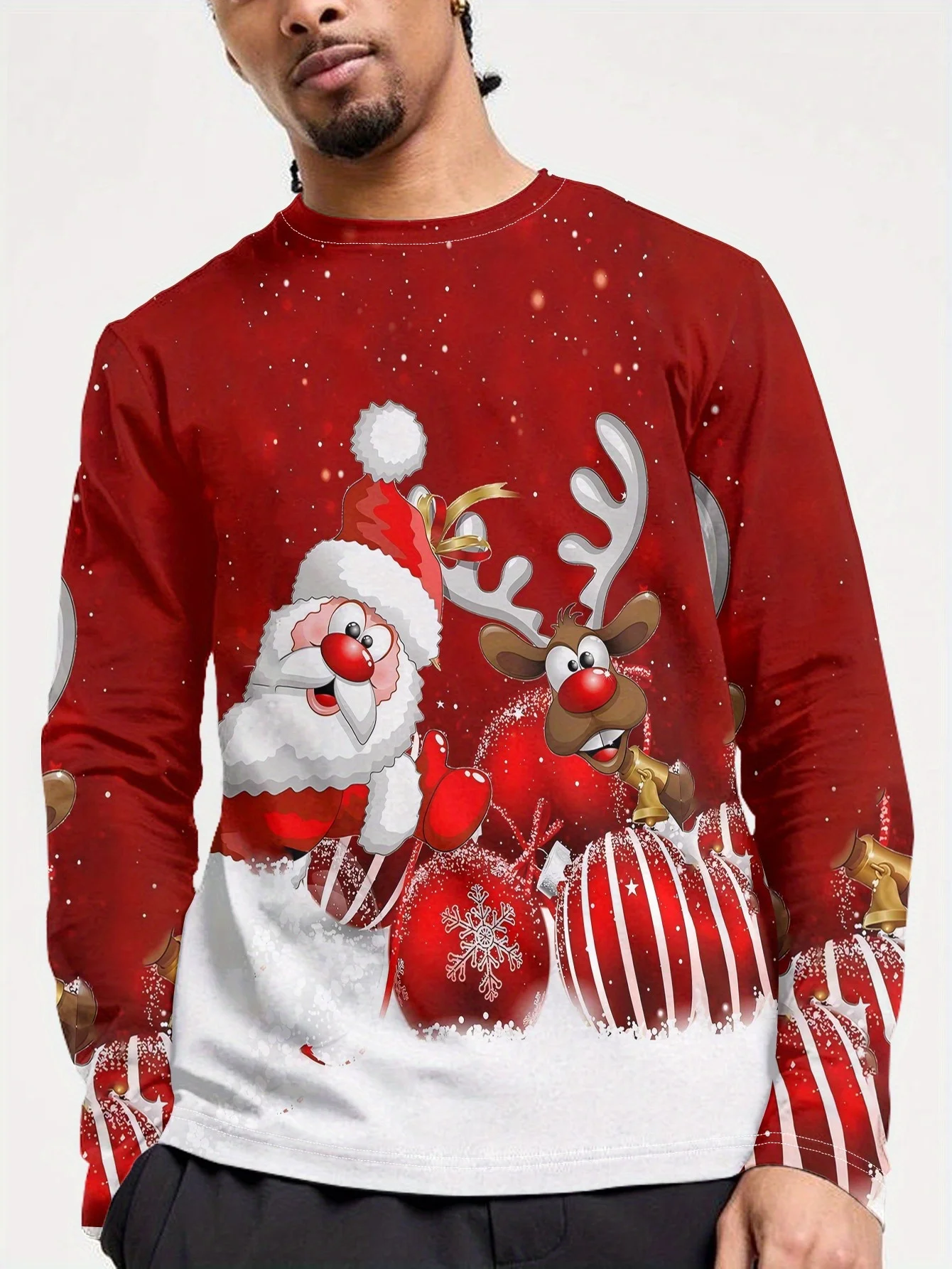 

Autumn and Winter Men Christmas Themed Santa Claus 3D Printed Casual Men Long Sleeved Round Neck Long Sleeved Quick Drying
