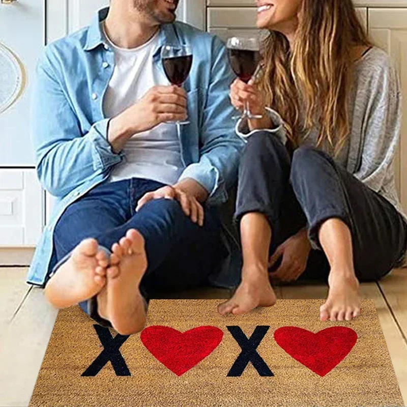 Valentines Day Heart Print Doormat Kitchen Floor Mat No-slip Washable Entrance Welcome Standing Mats Indoor Outdoor Decoration