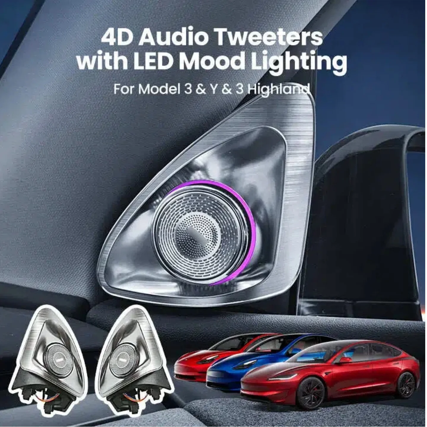 4D Rotating Tweeter Speakers With LED Ambient Light For Tesla Model 3/Y/3 Highland/Y Juniper 2025 2026