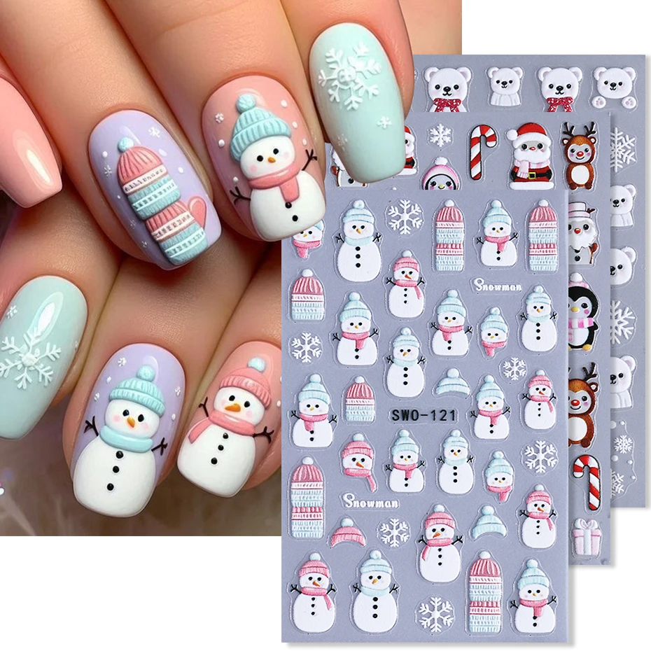 3 stks reliëf kerstsneeuwman nagelstickers schattige kerstman pinguïn beer sneeuwvlokken nagelstickers vakantie manicure decoratie