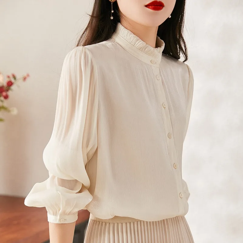 Chiffon Women\'s Shirts New Solid Casual Blouses O-Neck Ladies Clothing Loose RUFFLES Long Sleeves White Tops