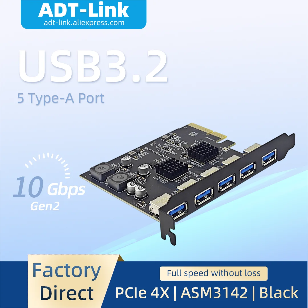 USB3.2 Gen1 10Gbps PCI-E X4 Expansion Card 5 Port Type-A ASMedia ASM3142 Chip Black PCI Express USB Adapter for Desktop PC