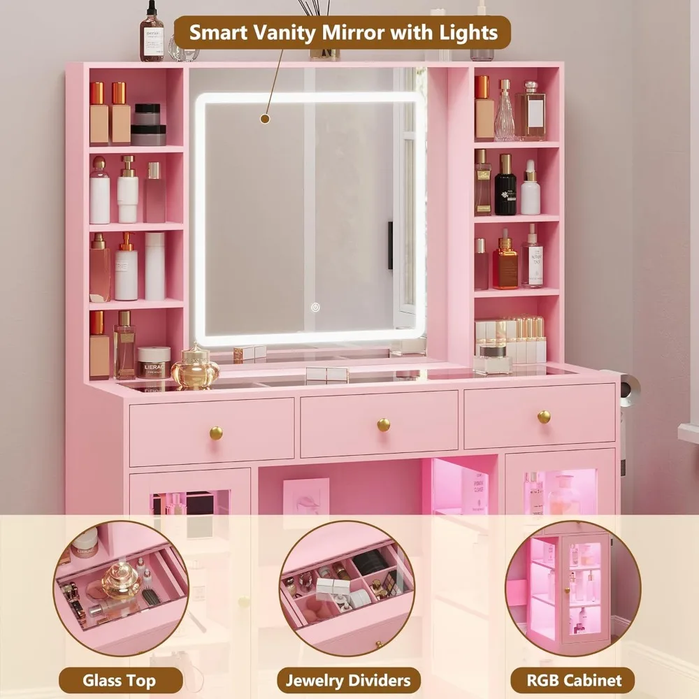 Scrivania da toeletta rosa con specchio e luci, set da toeletta per trucco con specchio illuminato e armadietto in vetro RGB, cassetti, armadietto in vetro