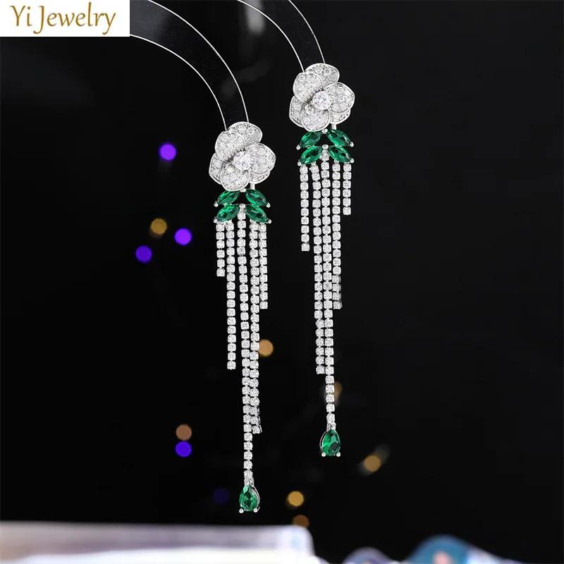 

white zirconia flower earrings long tassel chain pendant silver color wedding bride evening party women earrings elegant