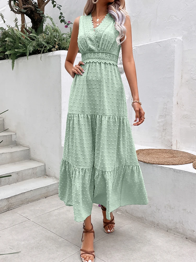 Elegant Lace Stitching Long Dress Women Summer Sexy Backless Sleeveless Ruffle Beach Dress Fashion V Neck New In Dresses 223