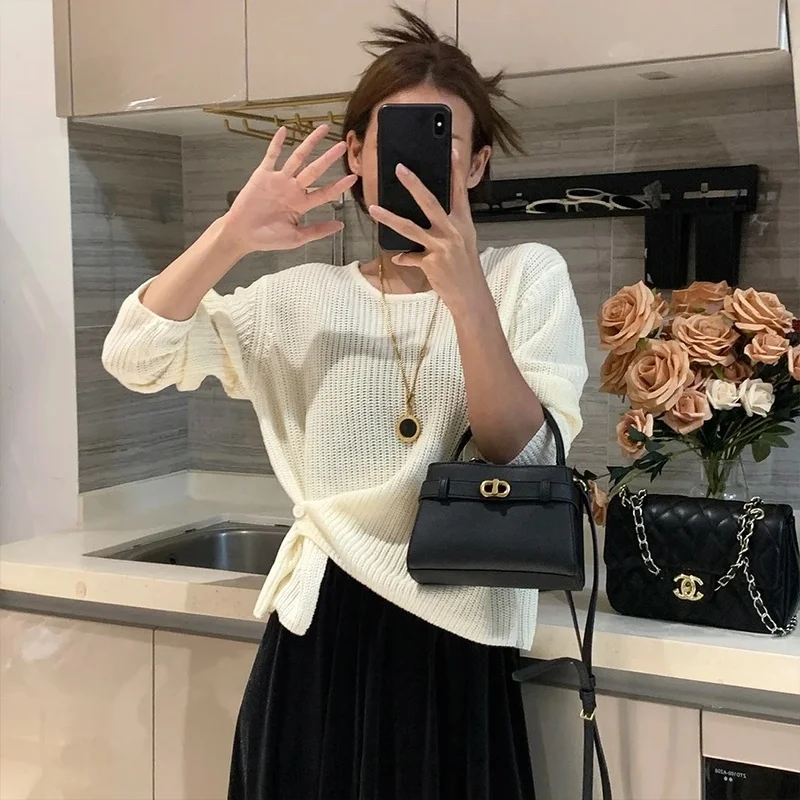 

Корейский модный дизайн вязаный свитер женский осенний новый Sle простой повседневный однотонный подол на пуговицах топ подходит всем