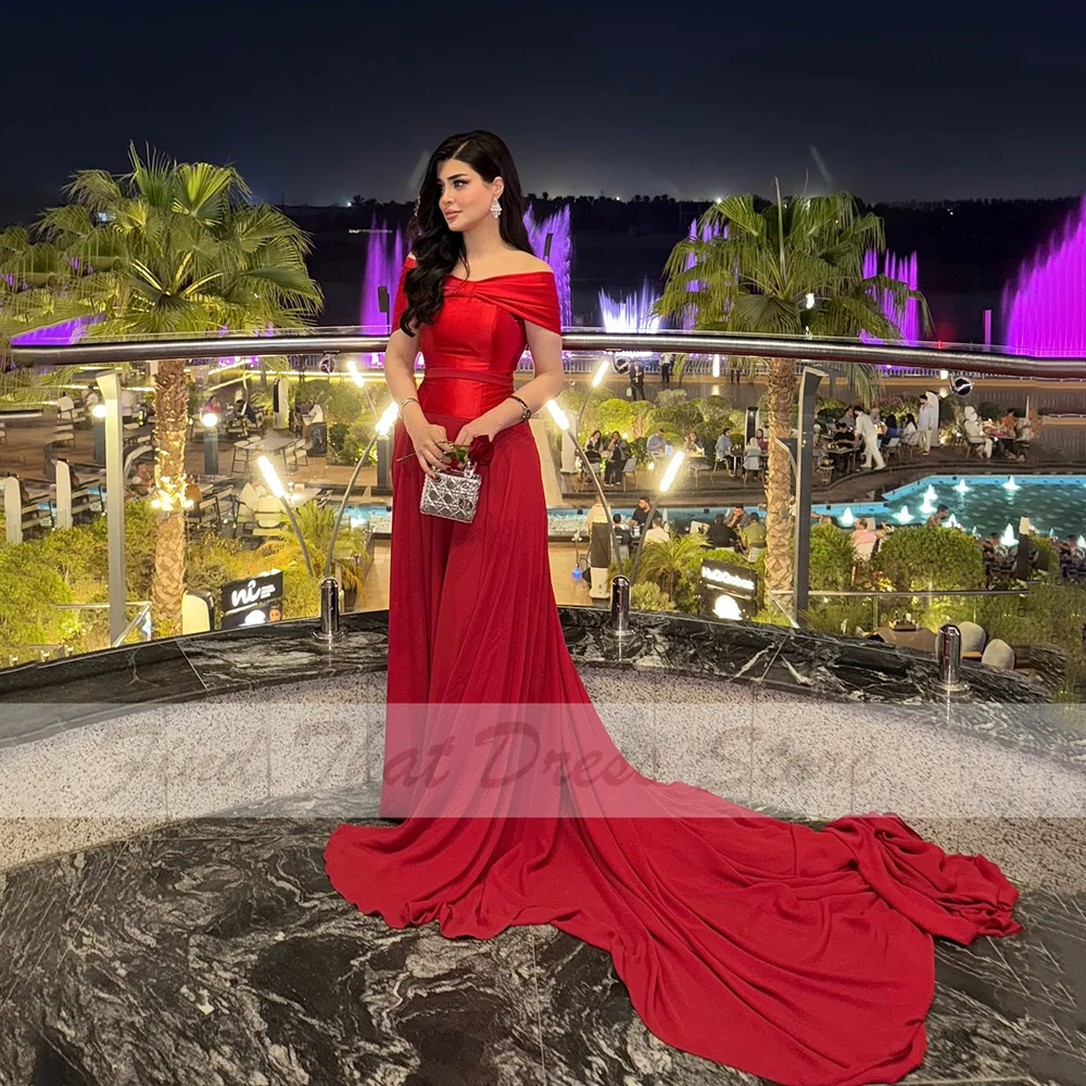 

Custom Made Classic Off Shoulder Pleated Formal Evening Gown A-line Backless Floor Length Bridal Party Dress with Train