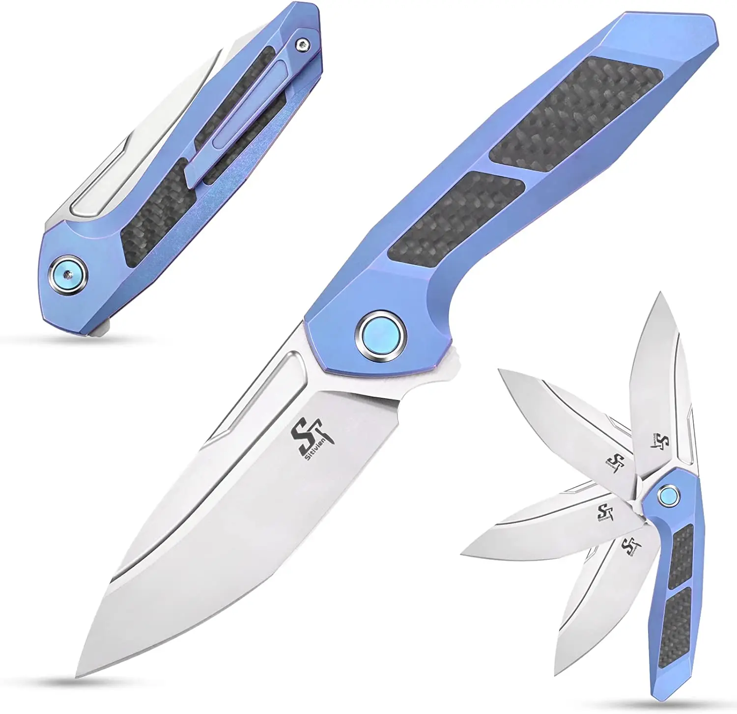 Sitivien ST996 Folding Knife Handmade M390 Pearlescent Polishing Blade Titanium&Carbon Fiber Handle Pocket Knifes for Collection