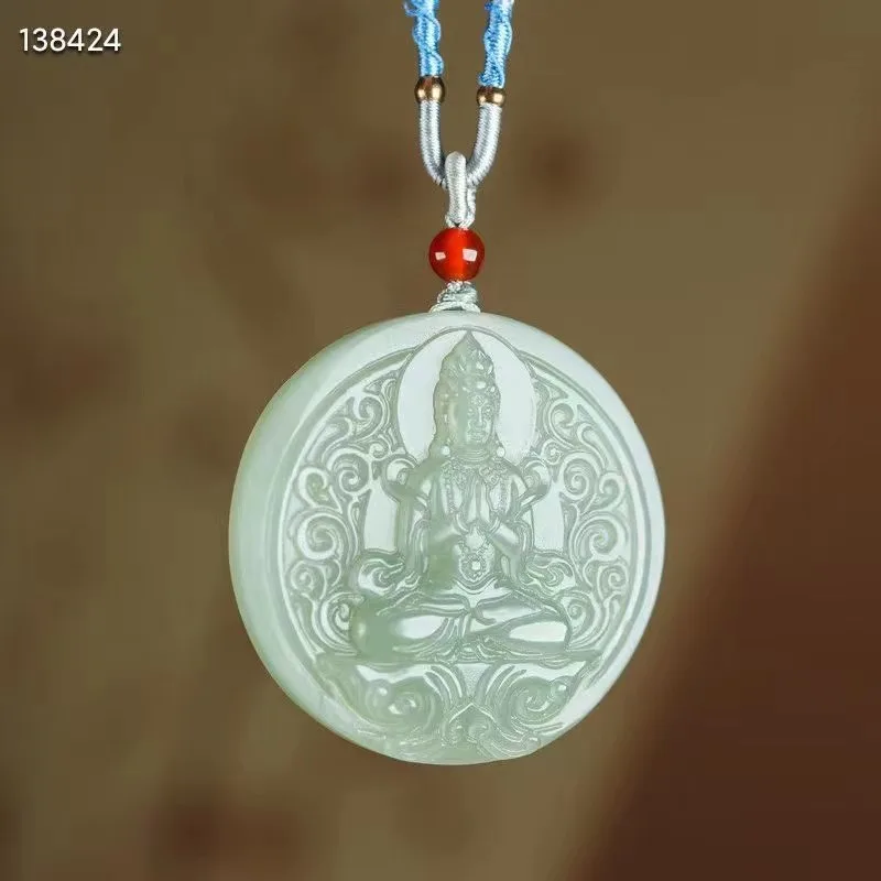 New Natural 100% real cyan white hetian jade grave Guanyin pendant jewellery necklace auspicious for woman man gifts Bless peace