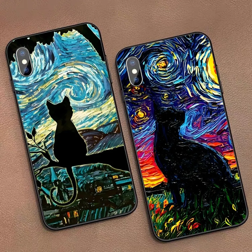 Claude Monet Van Gogh Black cat Oil Phone Case iPhone 15 14 11 12 13 Mini Pro XS Cover 6 7 8 Plus X XR SE 2020 Funda Shell